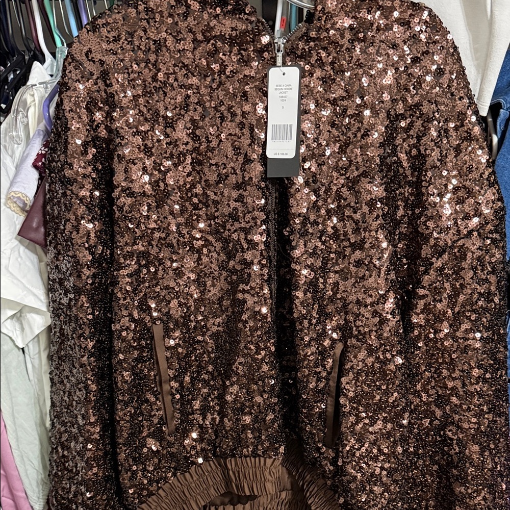 bebe Sequin Bomber Jacket in Brown